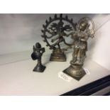 Three bronze Hindu god figurines, including Shiva and Indian nineteenth century monkey god.
