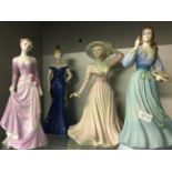 Four Coalport china female figurines, two glazed Ladies of Fashion.