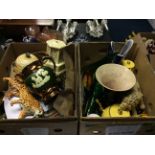 Two boxes of assorted items including glass vases, a whale, China tea sets and figurines and a