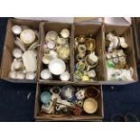 Five small boxes of household items including China tea sets, coloured glass items, ceramic items