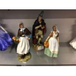 Three Royal Doulton figures including Pied Piper, Country Lass and Milkmaid.