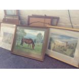 Lot to include ninteen framed paintings, prints, maps and a charcoal drawing.