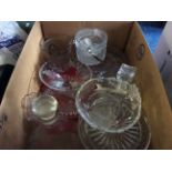 A box of cut glass including cake stands and jugs.