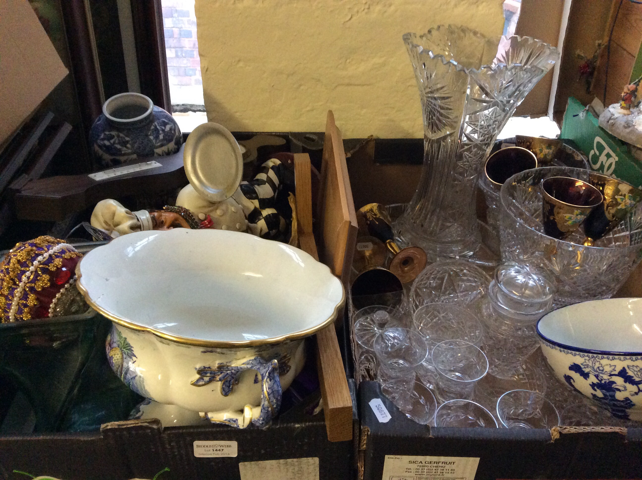 Two boxes of assorted items to include glassware, chef ornament etc