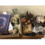 Two boxes of various items including a mirror with candle stick, a Wedgwood Charles Dickens