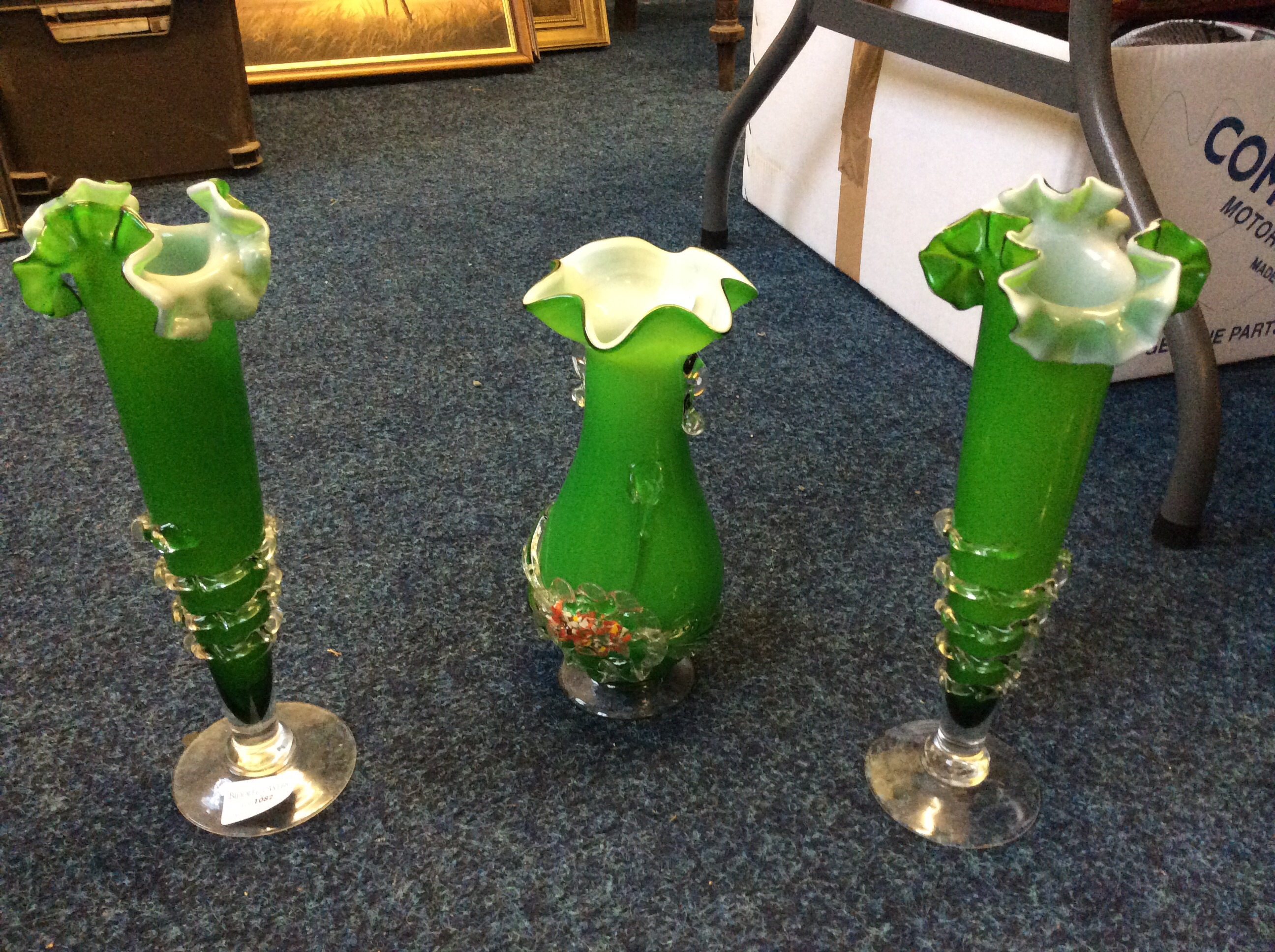 Three green Murano vases