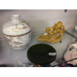 Two jade saucers, a soapstone figure and Chinese lidded pot.