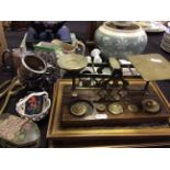 A variety of items to include postage scales, Wedgwood, oak cased clock, and a decorative Letrerle