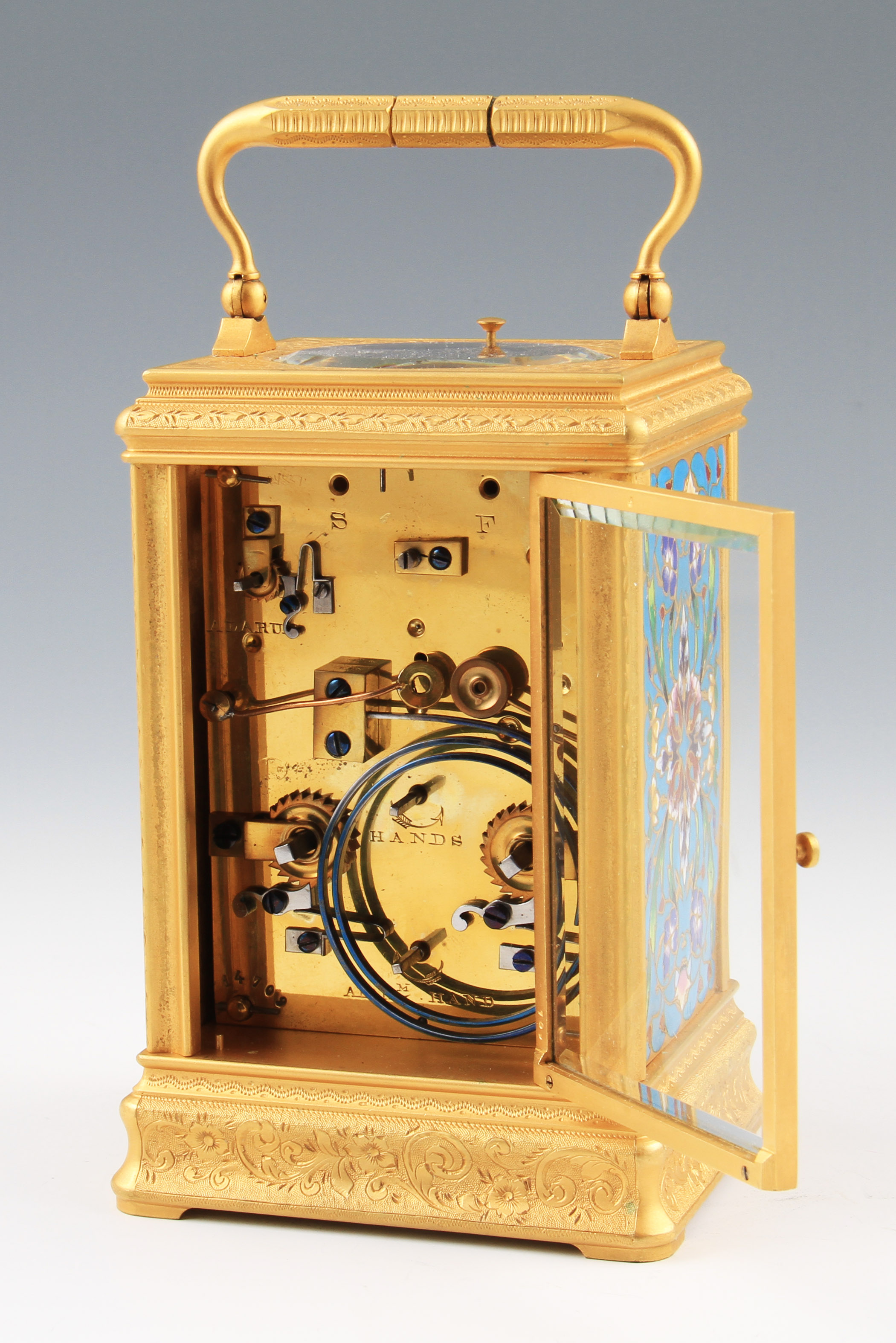 A 20th Century champleve and gilt metal repeater alarm carriage clock marked to dial Tiffany & Co, - Image 4 of 4