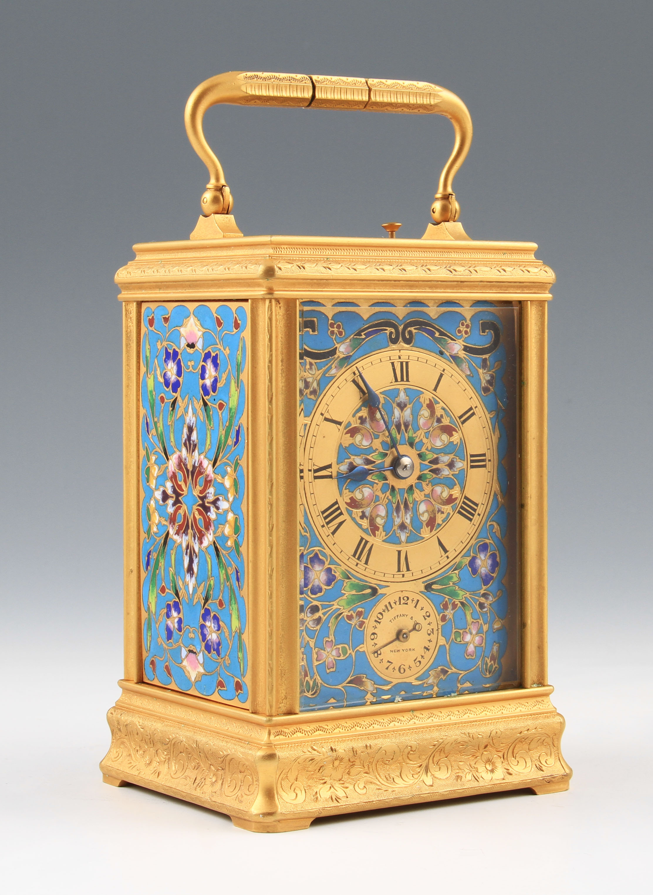 A 20th Century champleve and gilt metal repeater alarm carriage clock marked to dial Tiffany & Co, - Image 2 of 4