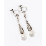 A pair of Continental Art Deco style marcasite and quartz drop earrings, the drop open metalwork