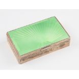 An Art Deco silver and enamel cigarette box, the lid featuring lime green guilloche enamel in