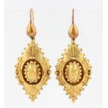 A pair of Victorian Etruscan style dropper earrings, with shepherd hook findings, the dropper of