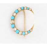 A turquoise and white sapphire crescent brooch, set with eight graduated turquoise cabochons