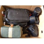 A carton of assorted cameras and accessories to include Minolta 7000 with lenses etc.