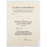 German paper certificate for 13th March 1938 medal of remembrance for the reunion of Osterreich,