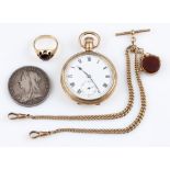 A gold plated Rode Watch Co. crown wind open face pocket watch, together with a 9ct yellow gold