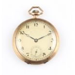 A 9ct yellow gold crown wind open face pocket watch, dial having hourly Arabic numeral markers