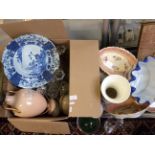 Two boxes of various assorted items including glass, Chinese blue and white charger, vases, lamps