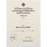 German certificate for Iron Cross second class to Lieutenant Lutz Waldemar dated 17th July 1940.