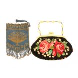 Two lady’s bags, comprising a floral machine embroidered bag with carved ivory clasp below an
