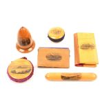 Mauchline ware – sewing – six pieces comprising a thimble case (Beaumaris Castle) 6.2cm, a