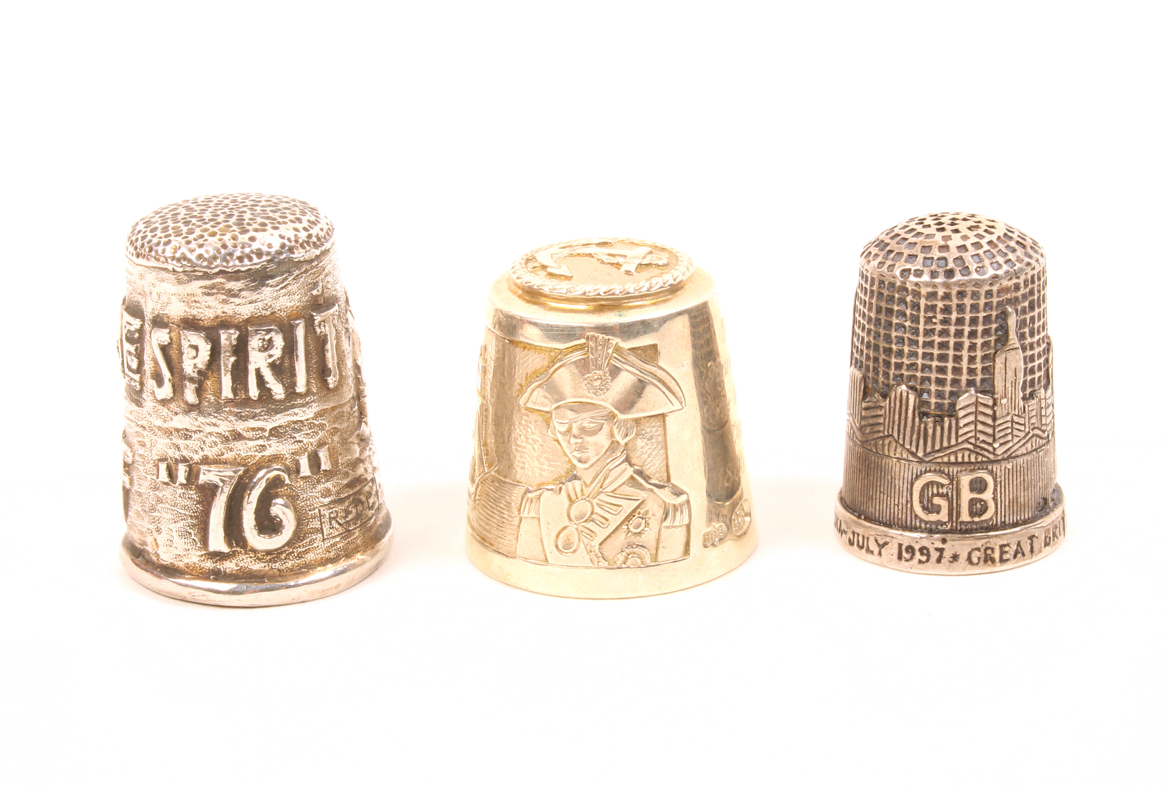 Three modern English silver commemorative thimbles, comprising an example to commemorate Trafalgar