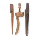 Three 19th Century wooden knitting sticks and sheaths including a chip carved oak example, 27cm. (