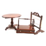 Two reel stands and a miniature table comprising a mahogany frame standing example with two copper