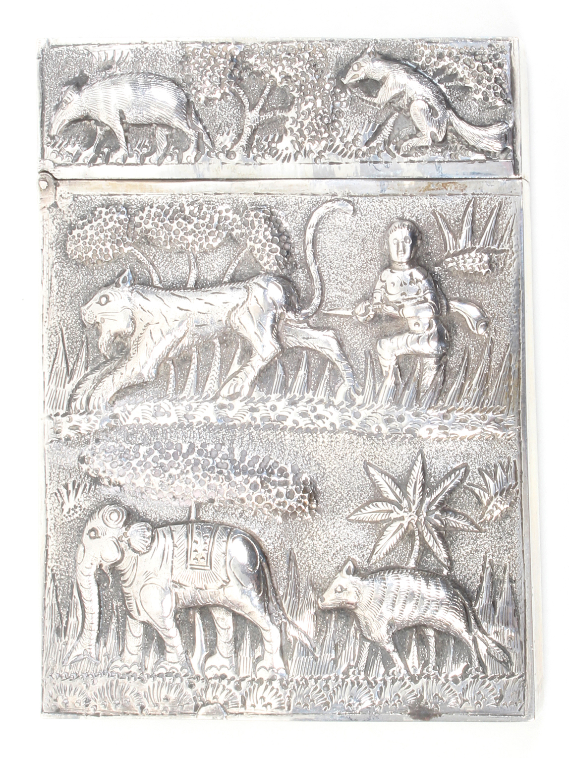 An Anglo-Indian silver visiting card case each side decorated with animals and vegetation in relief, - Image 2 of 2