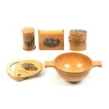 Mauchline ware – five pieces, comprising a quaich (From The Athold Plantations, Dunkeld ..) 10cm,