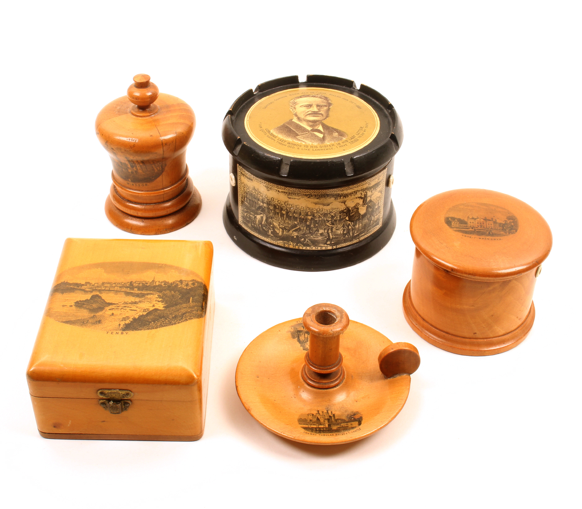 Mauchline ware – five pieces – comprising a scarce black ground reel box (General Gordon killed