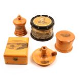 Mauchline ware – five pieces – comprising a scarce black ground reel box (General Gordon killed