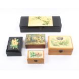 Five Mauchline ware boxes in alternative finishes, comprising a rectangular glove box (flowers/
