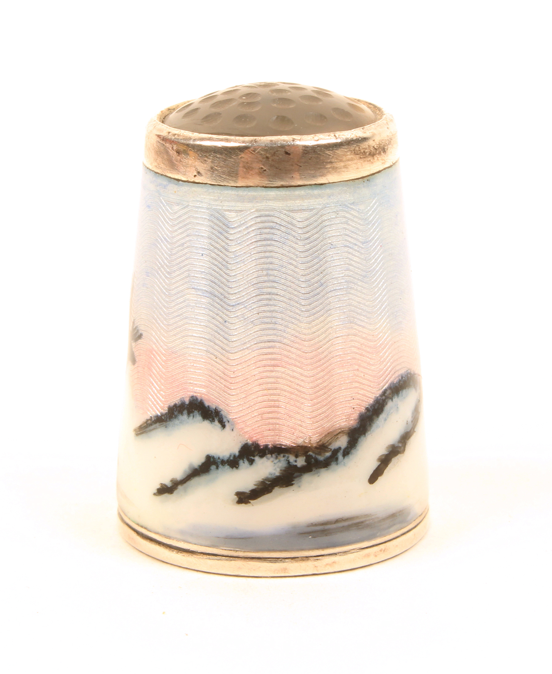 A Norwegian silver and enamel stone top thimble by Alex Holmsen, with a frieze of a Sami in a sled - Image 2 of 3