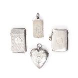 Four silver vestra cases, comprising a leaf engraved heart shaped example, Birmingham, 1902, 4.