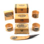 Mauchline ware – eight pieces, comprising a letter knife (High Street Elgin, Looking West), 18cm,