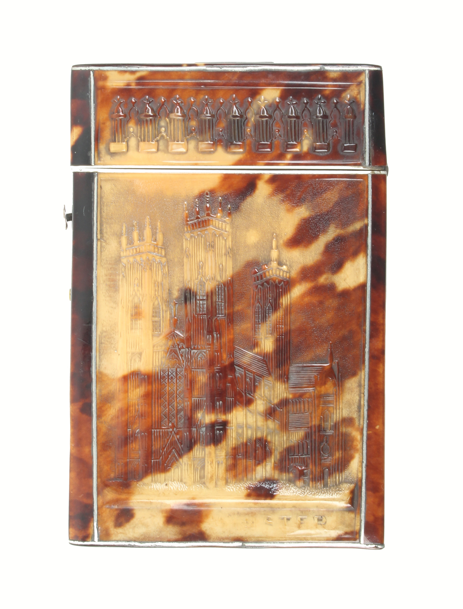A Victorian pressed tortoiseshell visiting card case each side with a view of York Minster, titled - Image 2 of 2