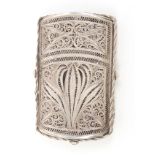 A 19th Century silver filigree cheroot case of oval section, the swivel lid within a ‘rope work’