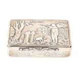 A George IV rectangular silver snuffbox with hinged cover embossed with a gentleman shooting in a