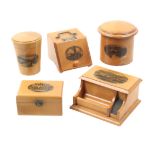 Mauchline ware – five pieces, comprising a tumbler case (Lumley Road, Skegness) with glass, 8cm, a