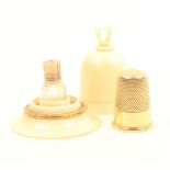A 19th Century combination gold thimble and scent bottle in ivory case, the plain thimble with