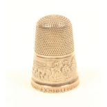 A mid 19th Century silver thimble to commemorate The Great Exhibition 1851, the frieze with view
