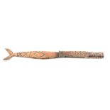 A copper ship metal knitting stick with file work decoration, fish tail terminal, initialled ‘AS’,