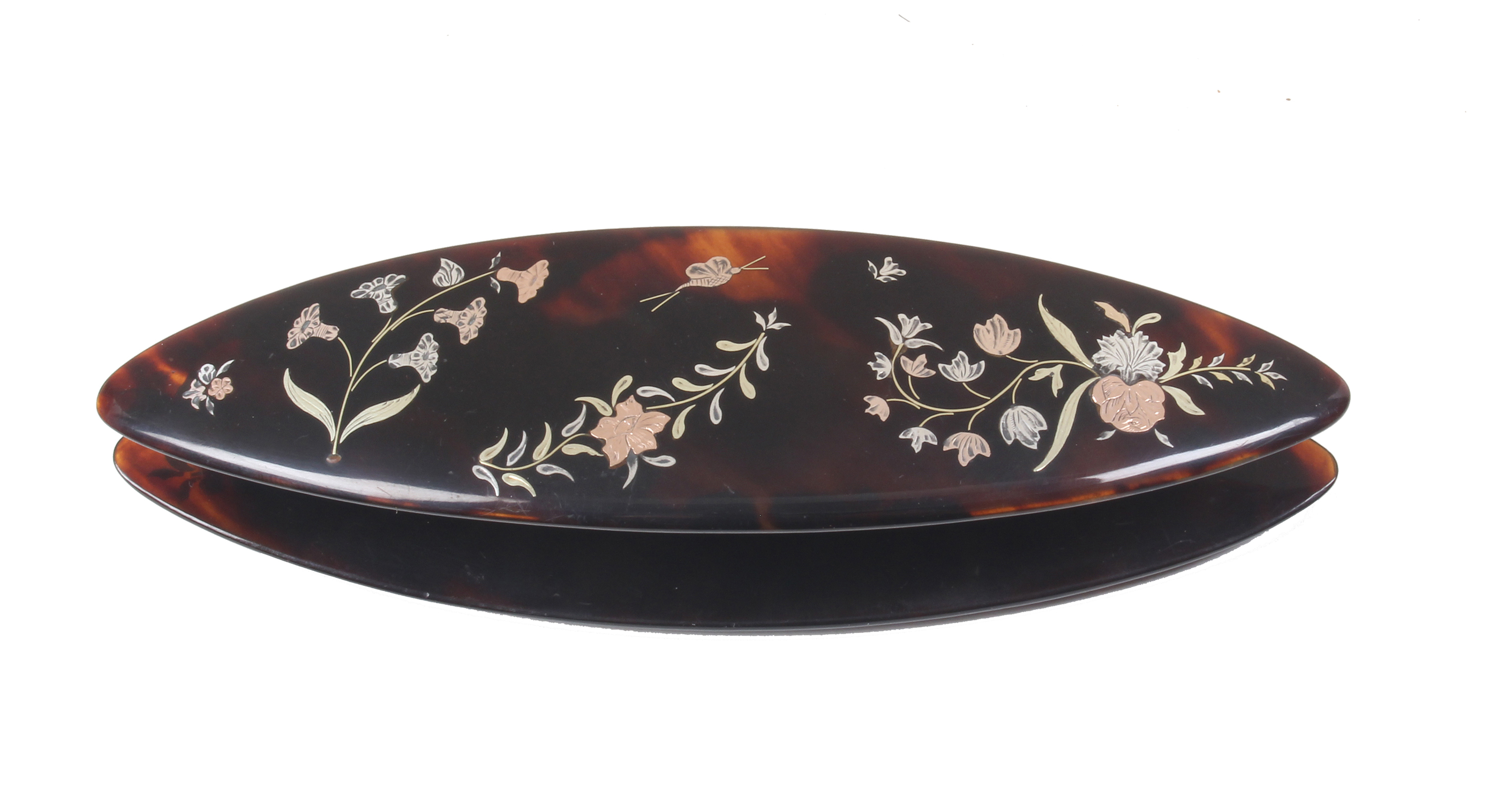 A fine early 19th Century large tortoiseshell shuttle with three colour metal inlay, each side