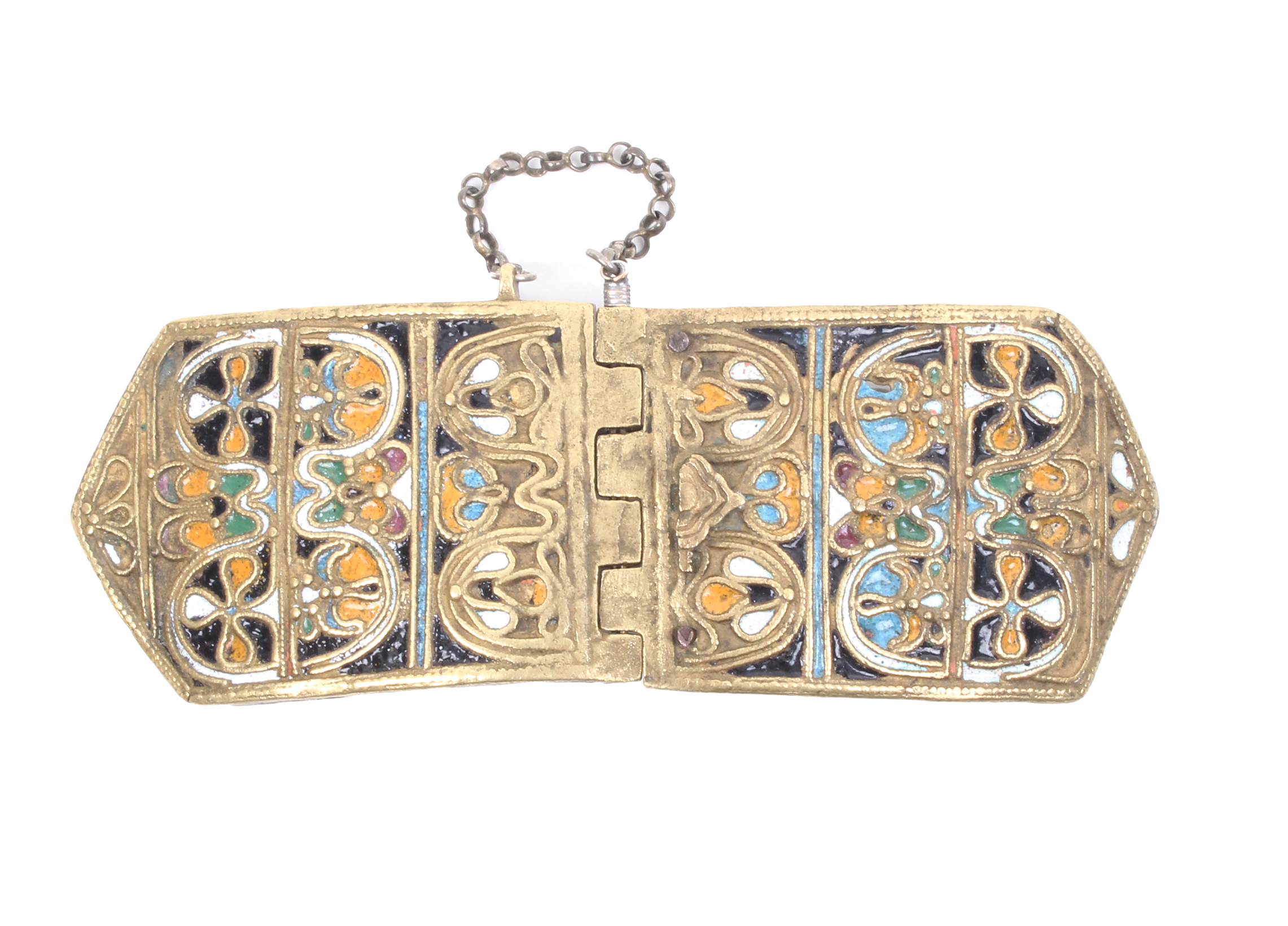 An antique brass and coloured champleve enamel belt buckle, probably French, in two halves secured