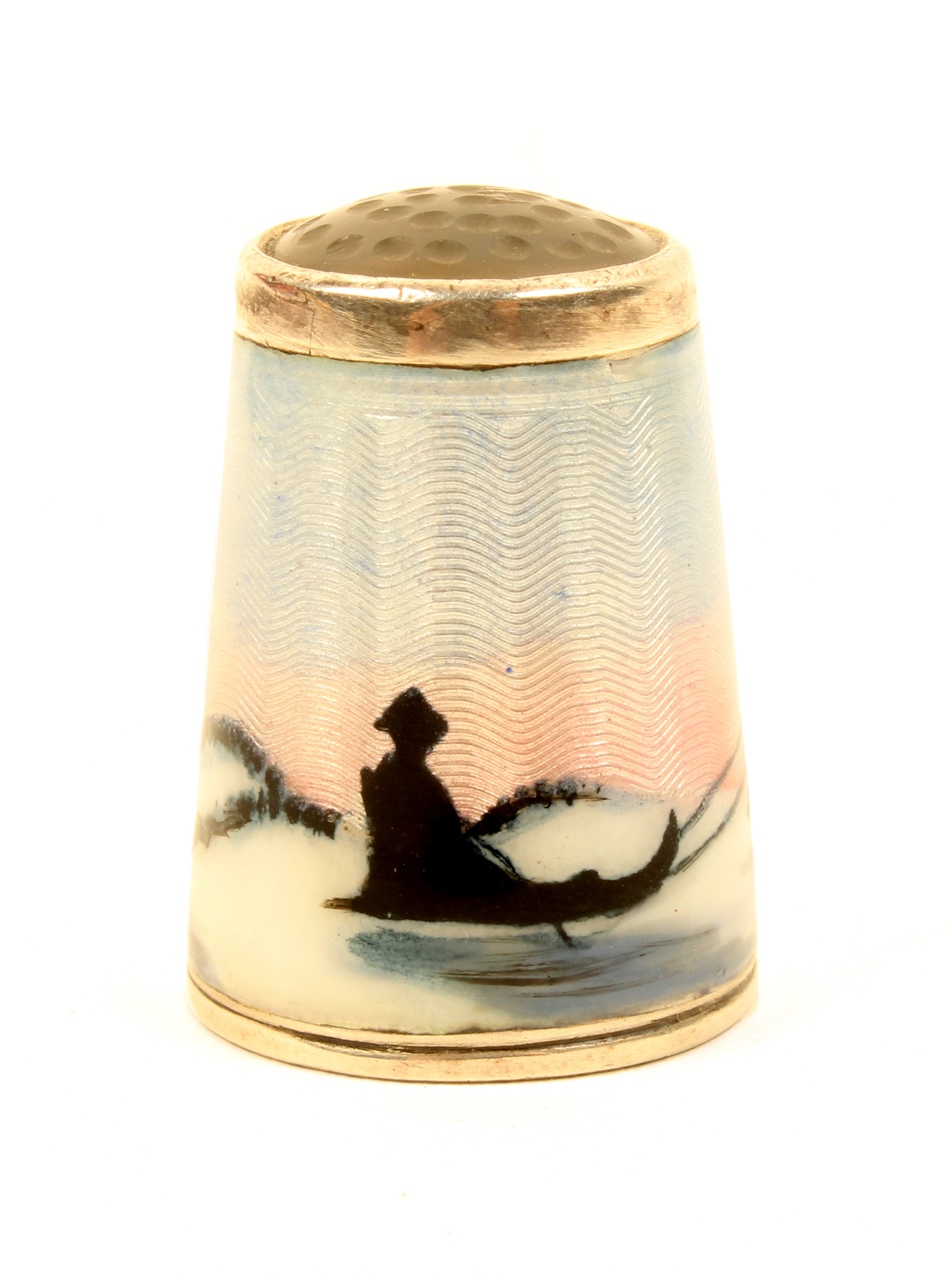 A Norwegian silver and enamel stone top thimble by Alex Holmsen, with a frieze of a Sami in a sled - Image 3 of 3