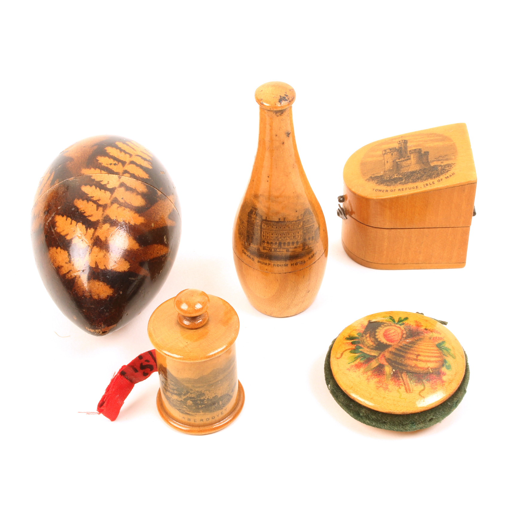 Mauchline ware – sewing – five pieces comprising a skittle form sewing compendium (Grand Pump Room