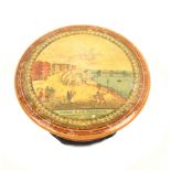 An early 19th Century painted Tunbridge ware girdle pin cushion of circular form one side with a