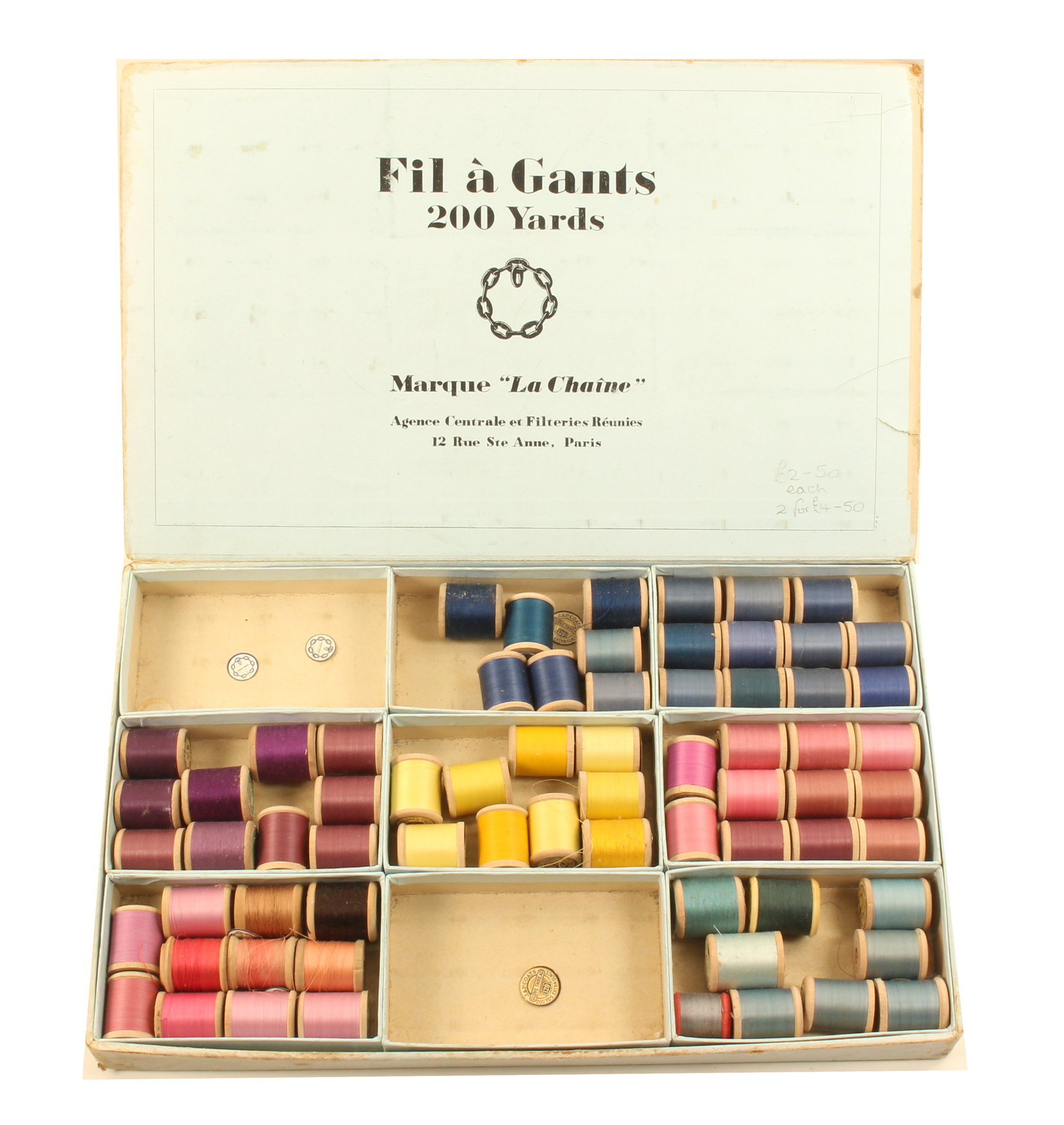 A box of ‘Fil à Gants’ wooden cotton reels, approx. sixty, in rectangular cardboard box, 32.5cm